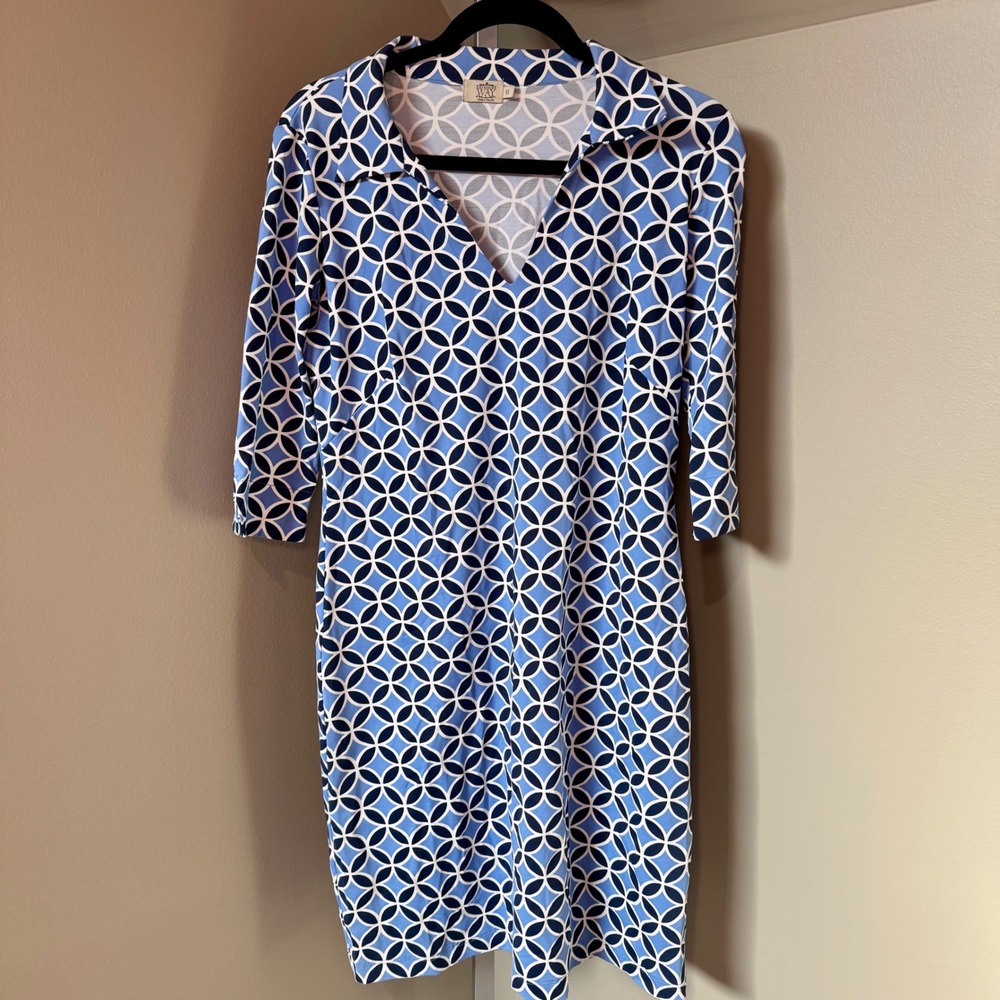 Katherine‎ Way Geometric Print Collared 3/4 Sleeve Shift Dress M